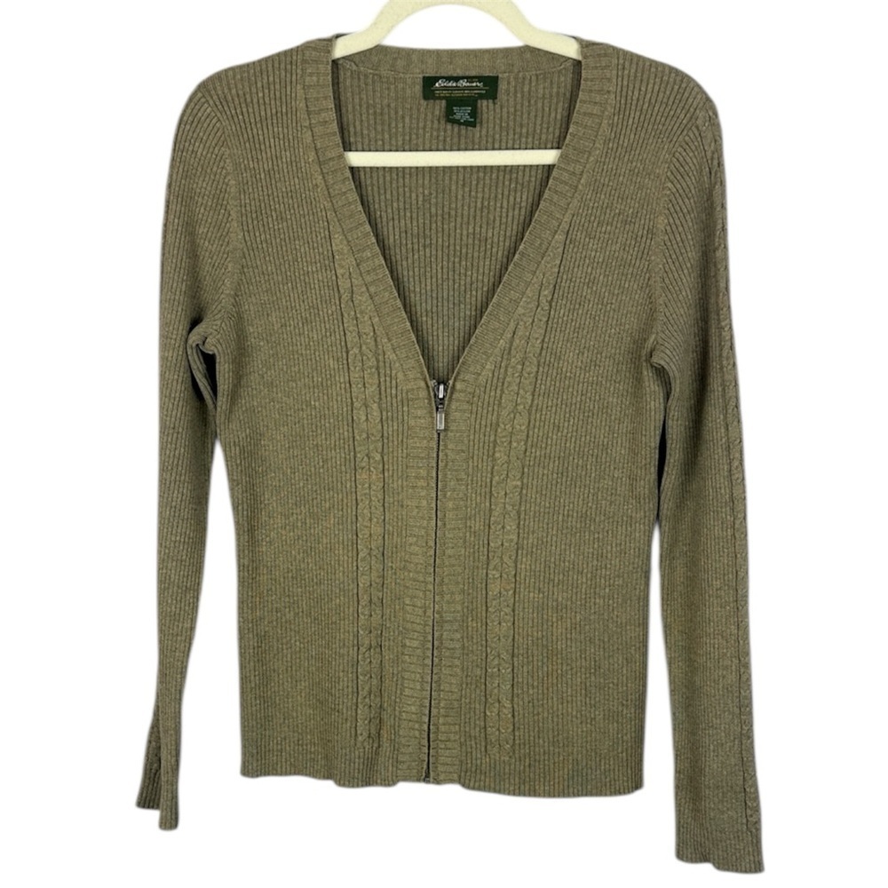 Eddie Bauer Cotton Blend Tan Ribbed V-Neck Zip Front Medium Cardigan Sweater